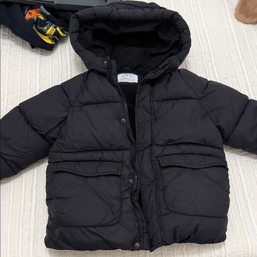 Zara Kids Black Hooded Puffer Coat